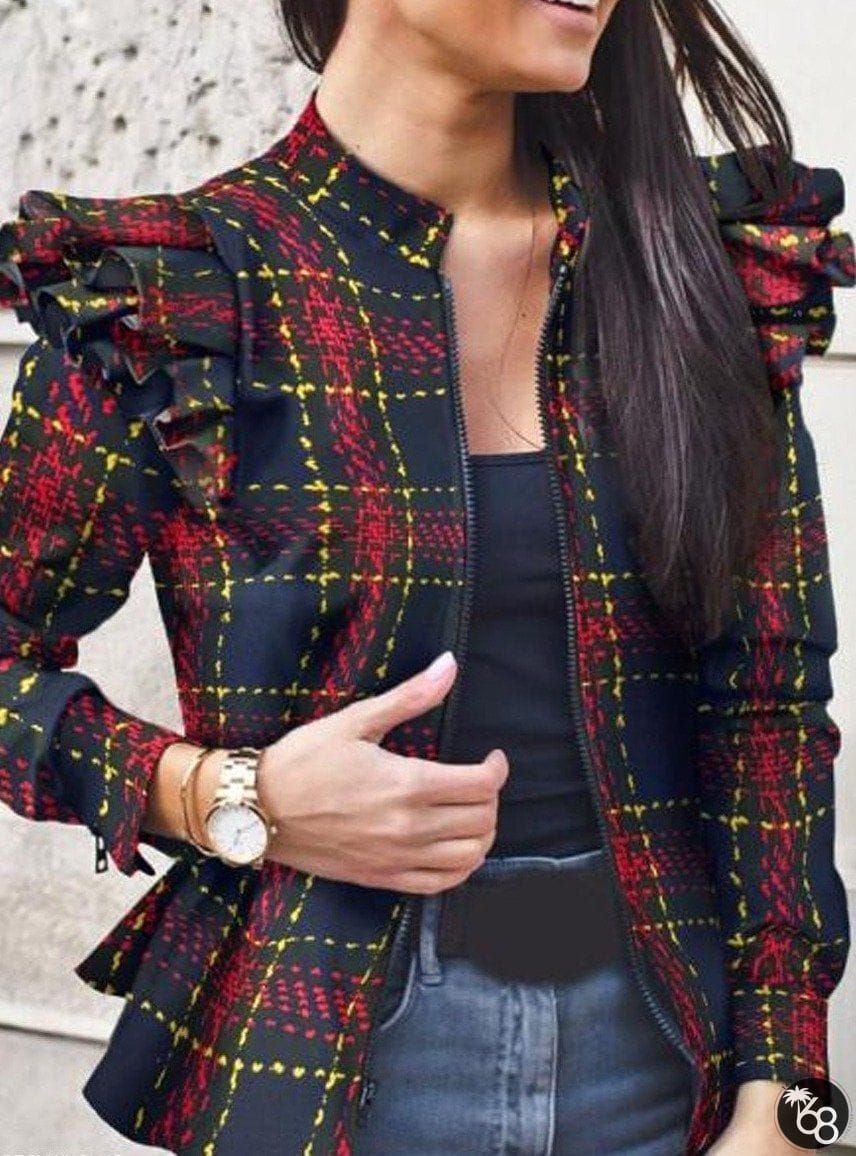 Autumn and Winter Long-Sleeved Ruffle Stitching Zipper Print Small Coat For Women | 168DEAL