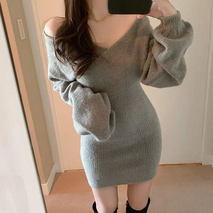 Chic V-neck Pure Color Textured Sweater Dress - Modakawa Modakawa