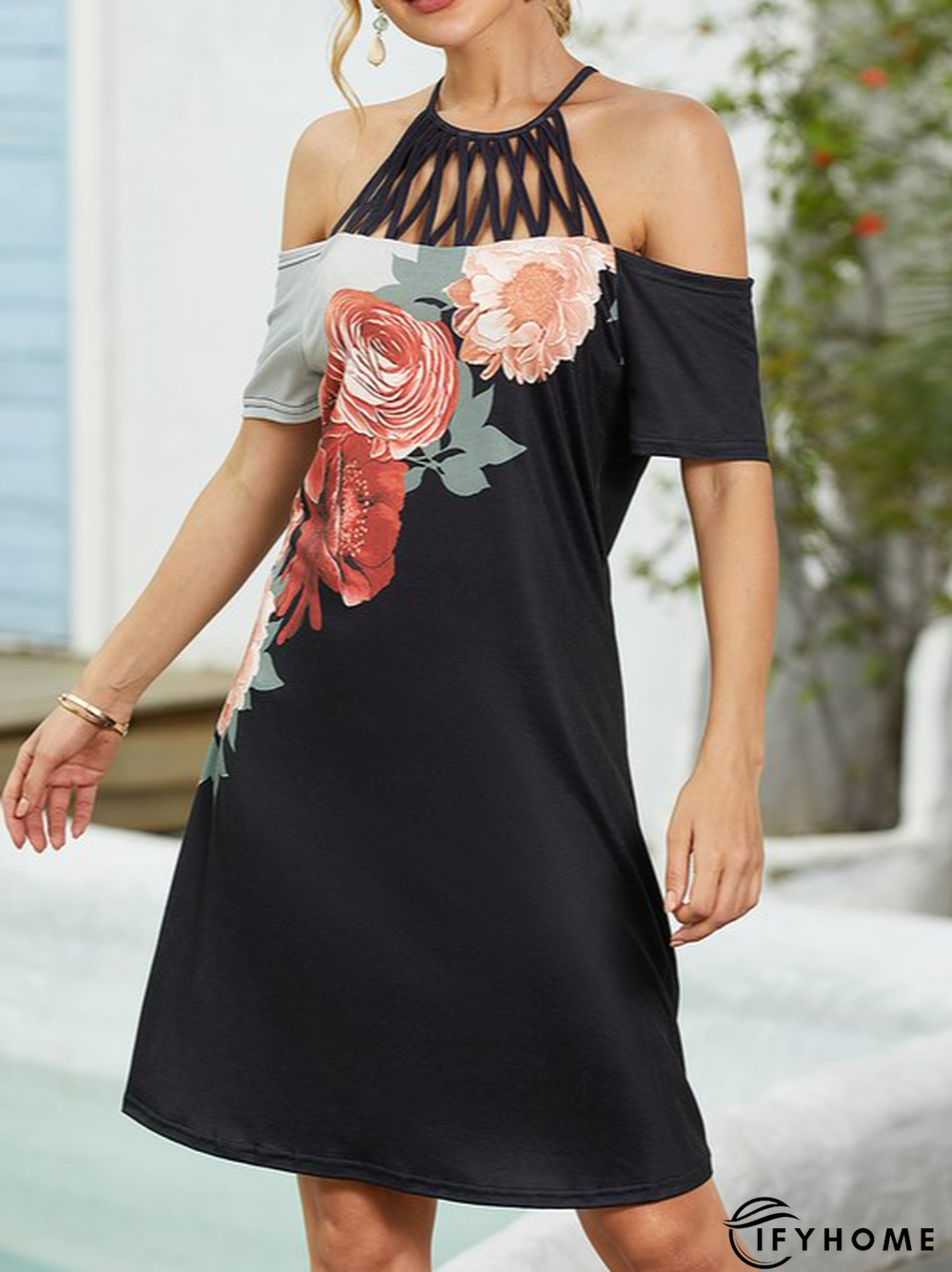 Floral Halter Regular Vacation  Color Block Regular Fit Short sleeve Knit Dress | IFYHOME