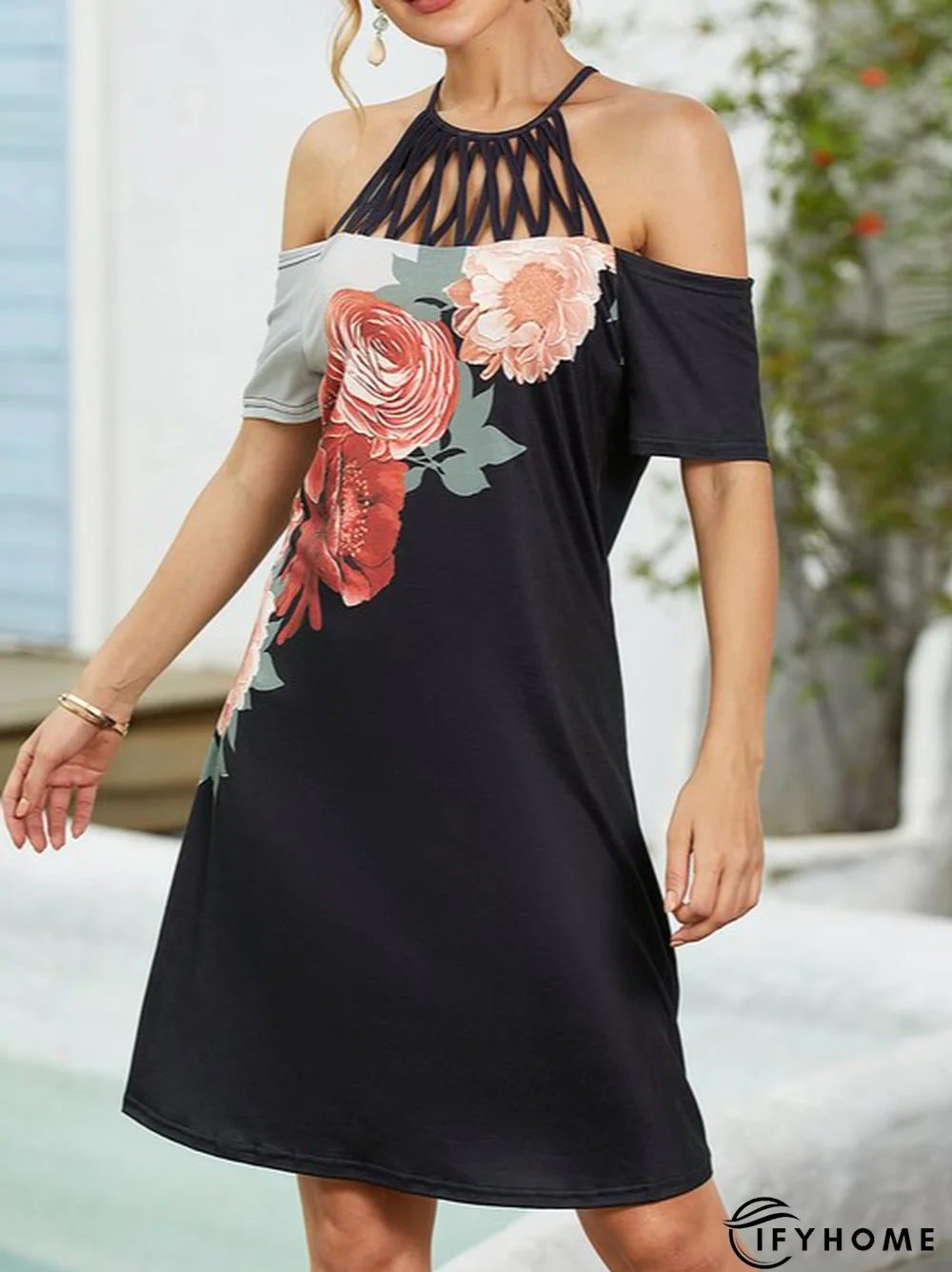 Floral Halter Regular Vacation  Color Block Regular Fit Short sleeve Knit Dress | IFYHOME