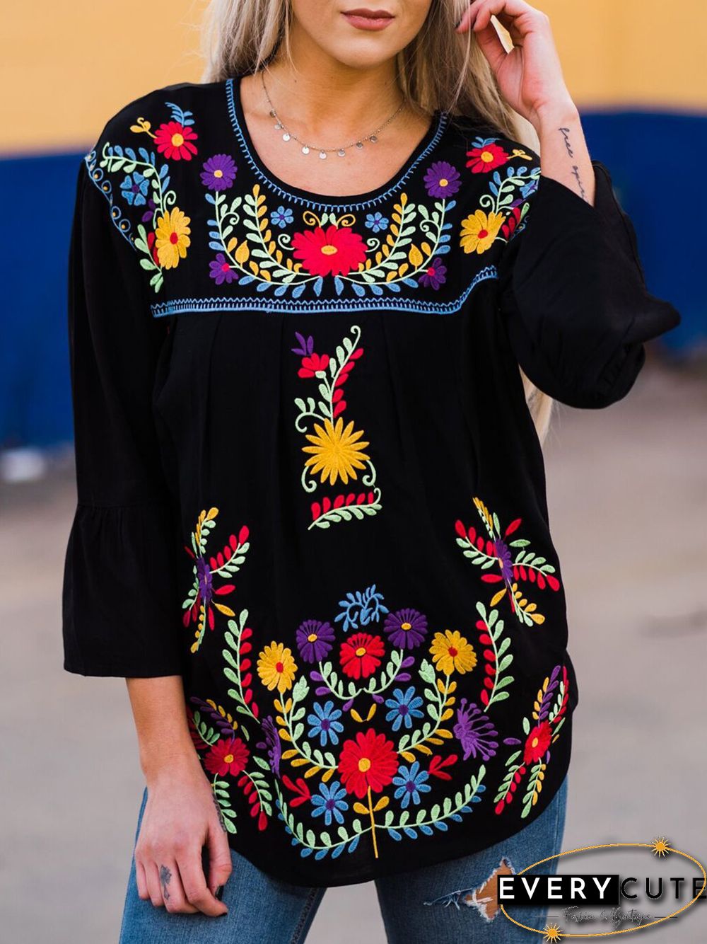 Crew Neck Floral 3/4 Sleeve Vintage Tops
