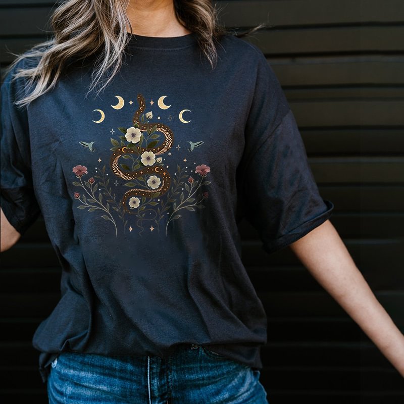    Moon Snake Print Women's Cozy Loose T-shirt - Neojana