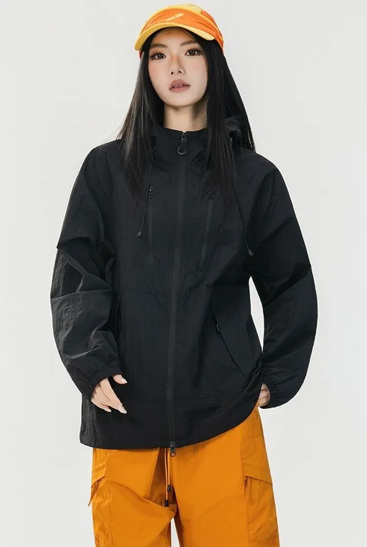 Lightweight Nylon Jacket with Hood Women's Relaxed Fit Full Zip Windbreaker