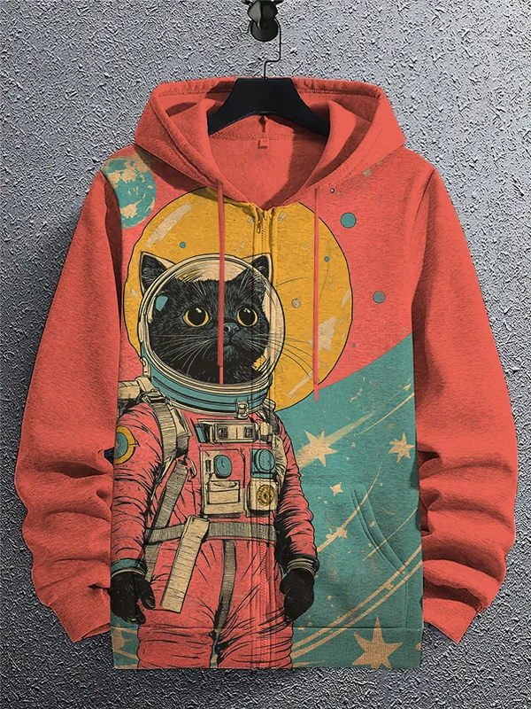 Men's Black Cat Astronaut Color Block Art Print Hooded Zip Up Jacket