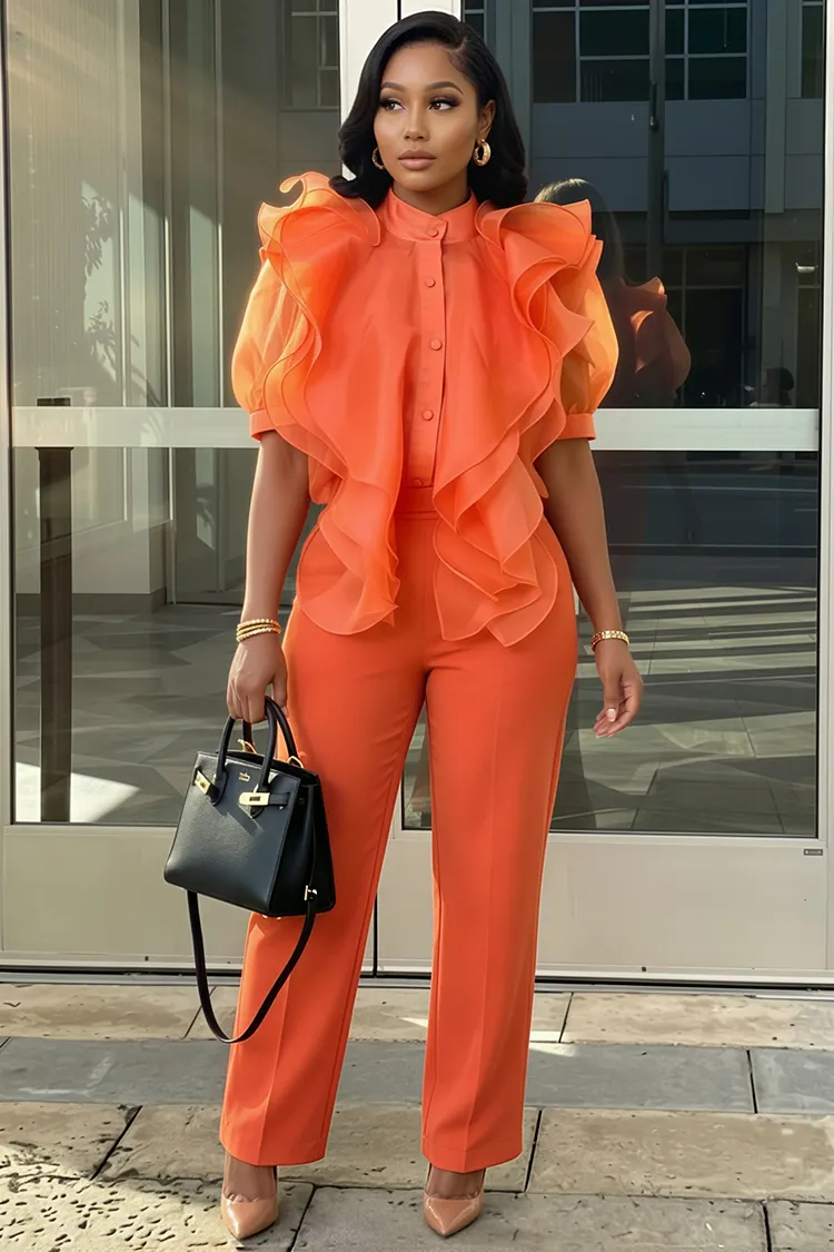 Xpluswear Design Plus Size Formal Orange Mock Neck Puff Sleeve Short Sleeve Ruffle Organza Two Piece Pant Sets [Pre-Order] 2024 - Xpluswear