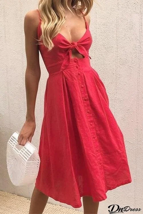 Backless Hollow Bow Tie Button Front Slip Dress