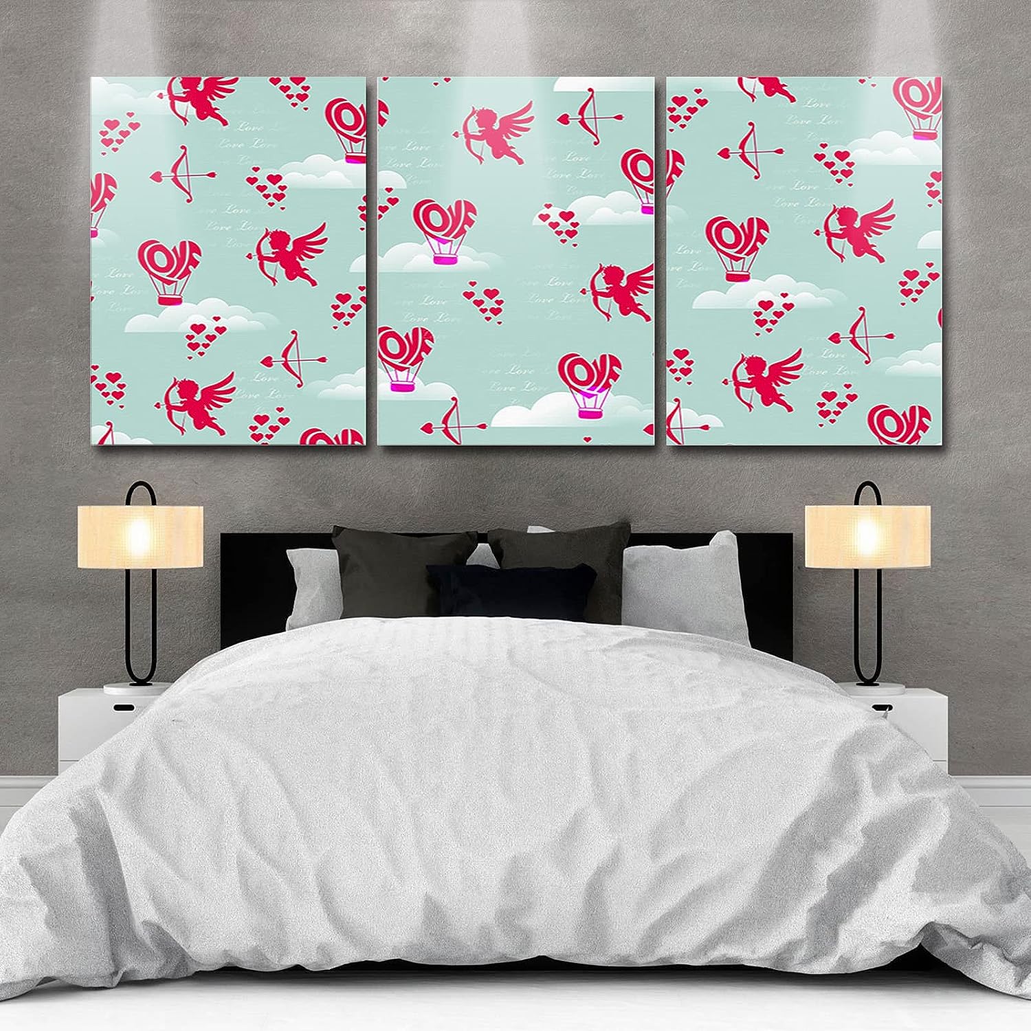 QueenKer Canvas Wall Art For Living Room Set of 3, Valentine's Day Cartoon Red Bow and Arrow Picture Wall Decor Canvas Print Painting for Bathroom, Bedroom, Dining Room, Office, 12 x 20 Inch 12 x 20 Inch x 3pcs