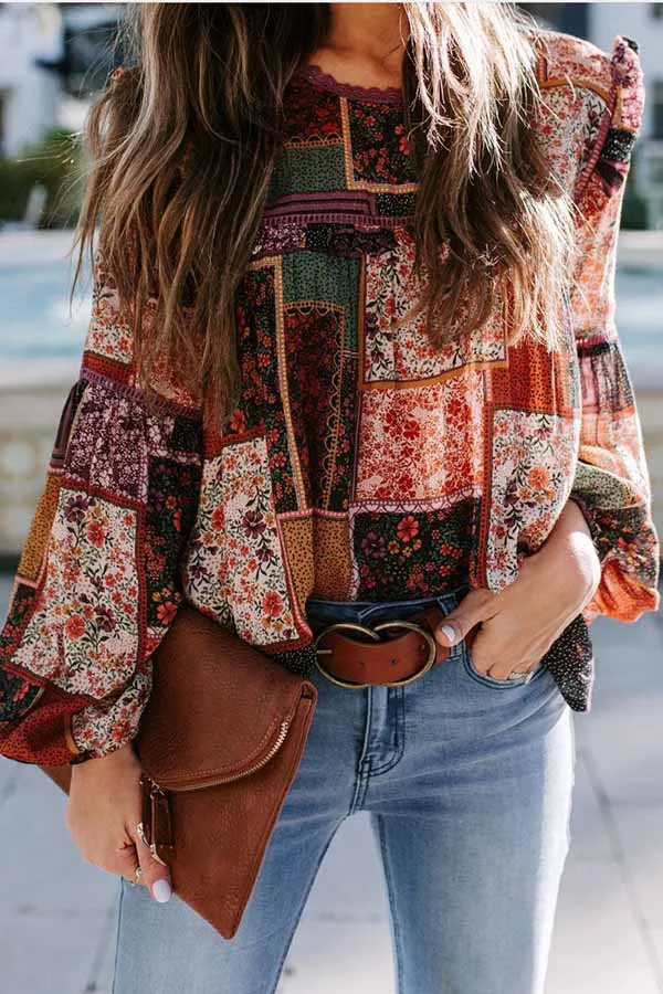 Womens Casual Printed Lantern Sleeve Top-Allyzone-Allyzone