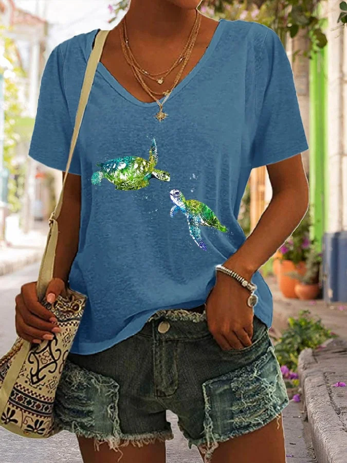 🔥Buy 3 Get 10% Off🔥V-neck Vintage Watercolor Sea Turtle Print T-Shirt