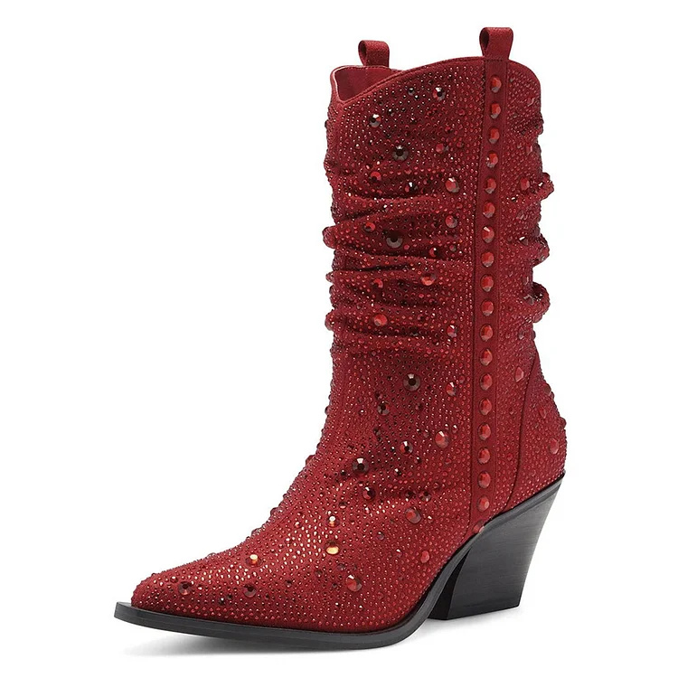 Dark Red Rhinestone Mid Calf Western Boots |FSJ Shoes