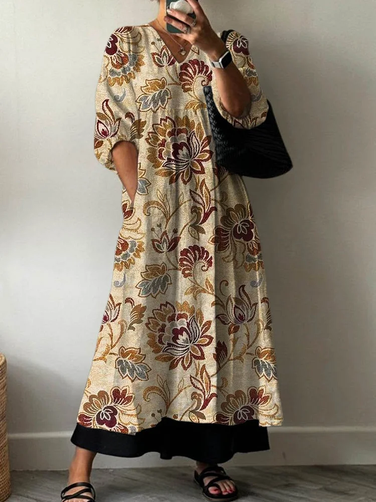 Women's Vintage Lovely Floral Art Print Pocket V-neck Cotton Dress
