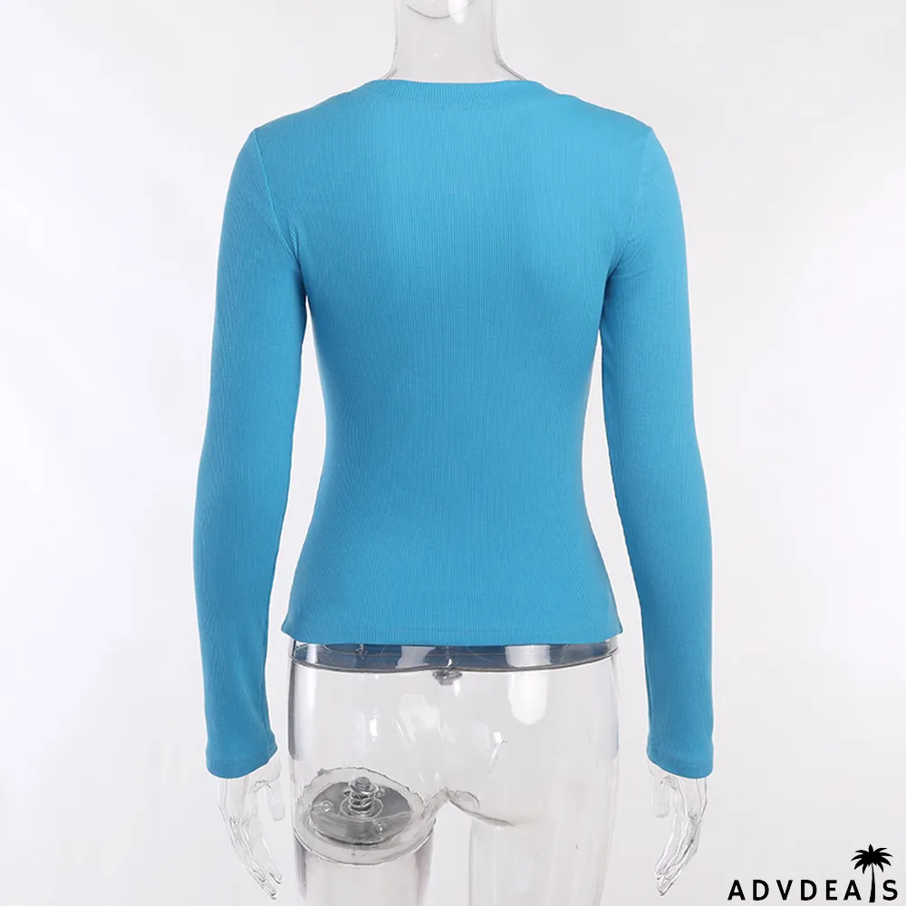 Spring Slim Fit T-Shirt Women Fashion Street Rib Print Long Sleeve Button Top