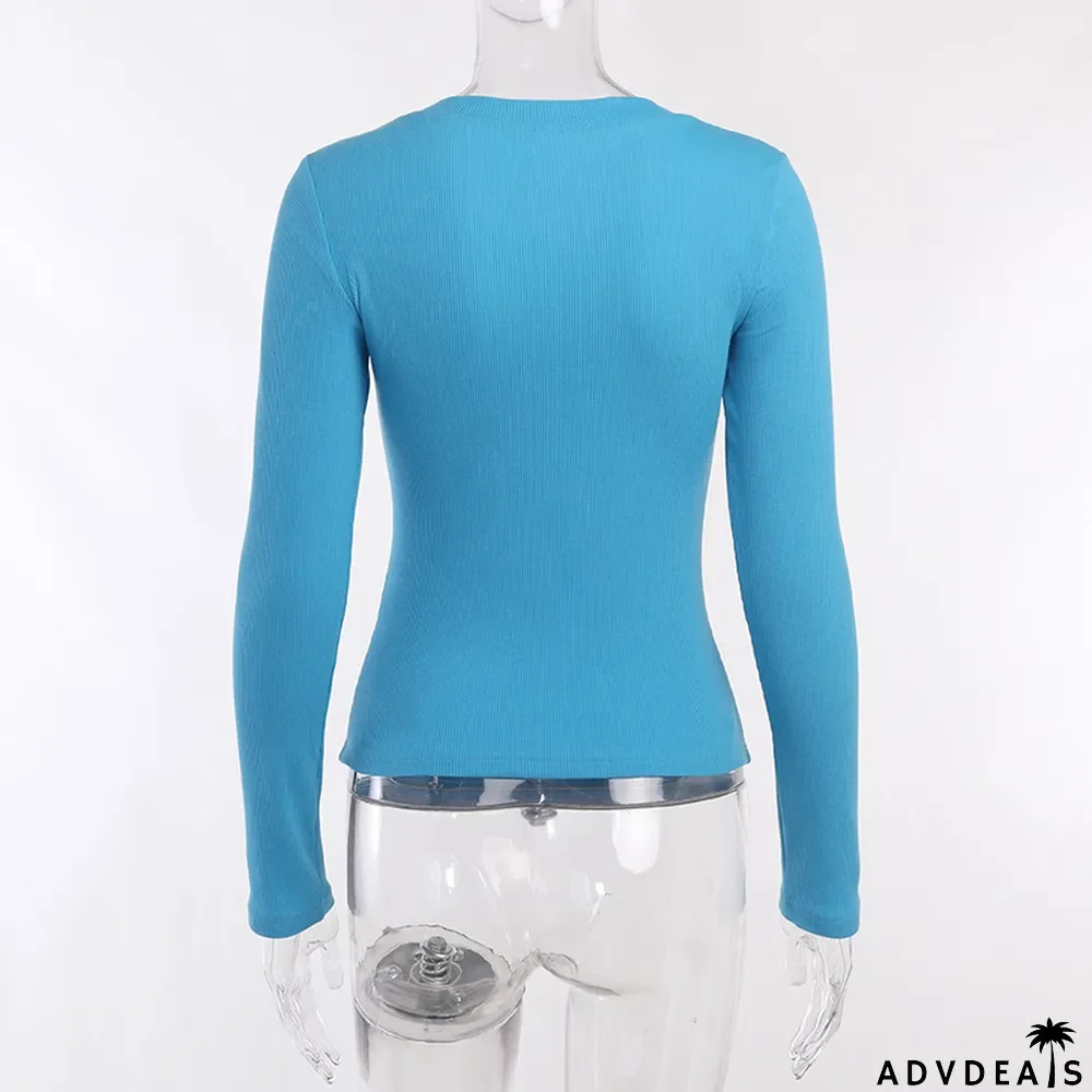 Spring Slim Fit T-Shirt Women Fashion Street Rib Print Long Sleeve Button Top