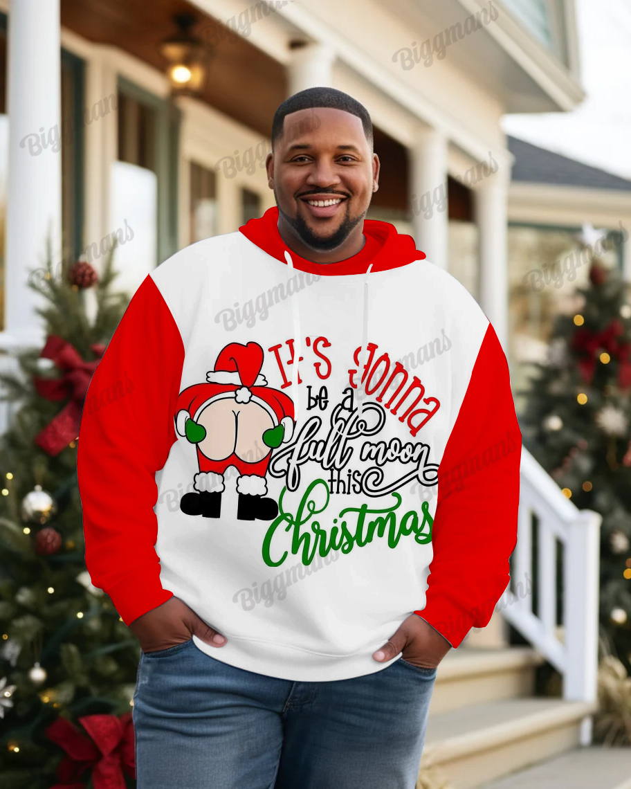 Men's Plus Size Full Moon This Christmas Print Long Sleeve Hoodie