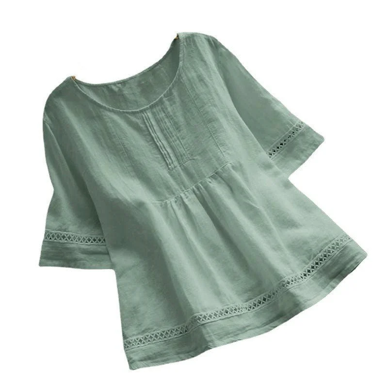 Uveng Summer Solid Color Cotton Linen Half Blouses