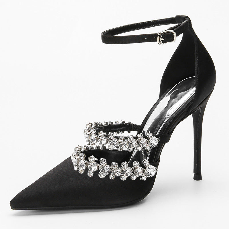 Women's Satin Pointed Toe Rhinestone Trim Ankle Strap Black Pumps Nicepairs