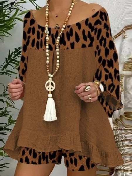 Fashion leopard print stitching loose plus size cotton and linen suit for women socialshop