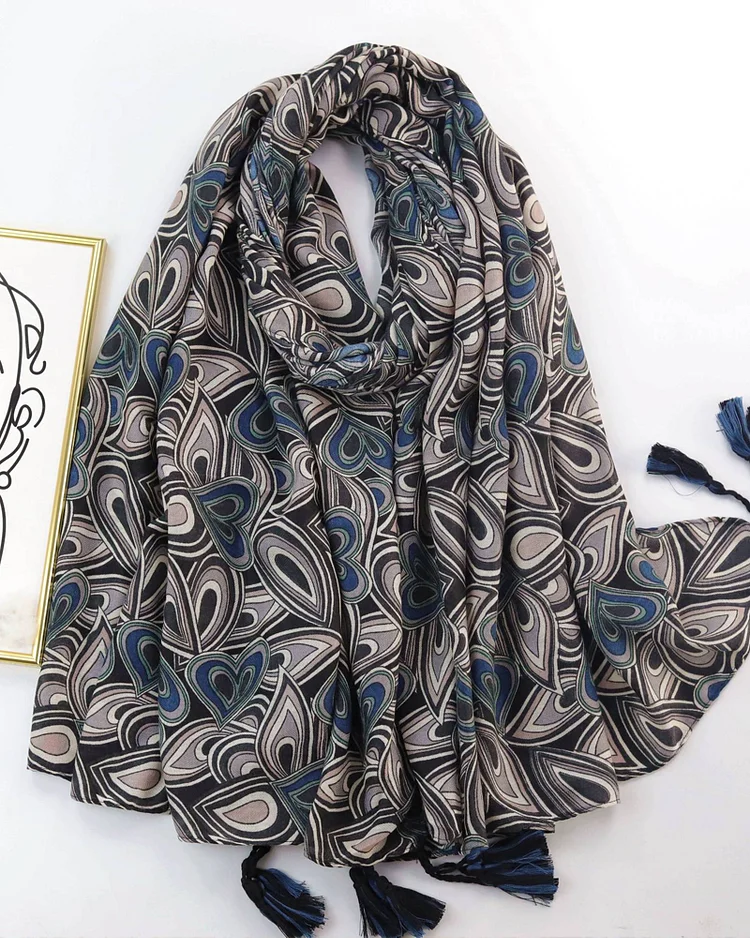 Peacock Feather Print Herringbone Cotton Soft Touch Ladies Scarf Shawl