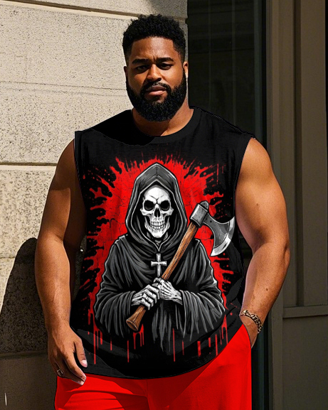 Big and Tall Men's Cartoon Grim Reaper with Sickle Printed Street Fashion Vest and Pants Set