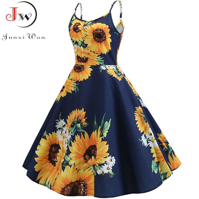 Churchf Sexy Spaghetti Strap Swing Vintage Rockabilly Dresses Floral Summer Beach Dress Women  White Boho Sunflower Midi Dresses-Outfit Ideas