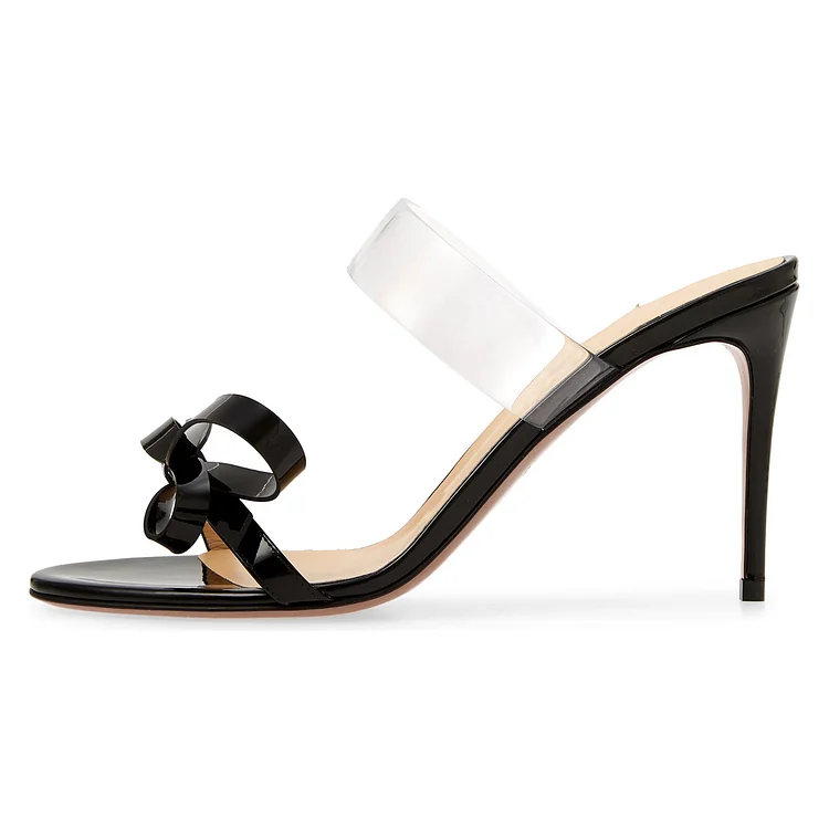 Black Patent Leather and PVC Bow Heel Slide Sandals Vdcoo