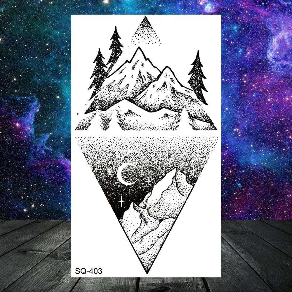 3D Geometry Mountain Sea Temporary Tattoos For Women Adult Men Kids Girl Sun Forest Eyes Fake Tattoo Neck Arm Hands Small Tatoos