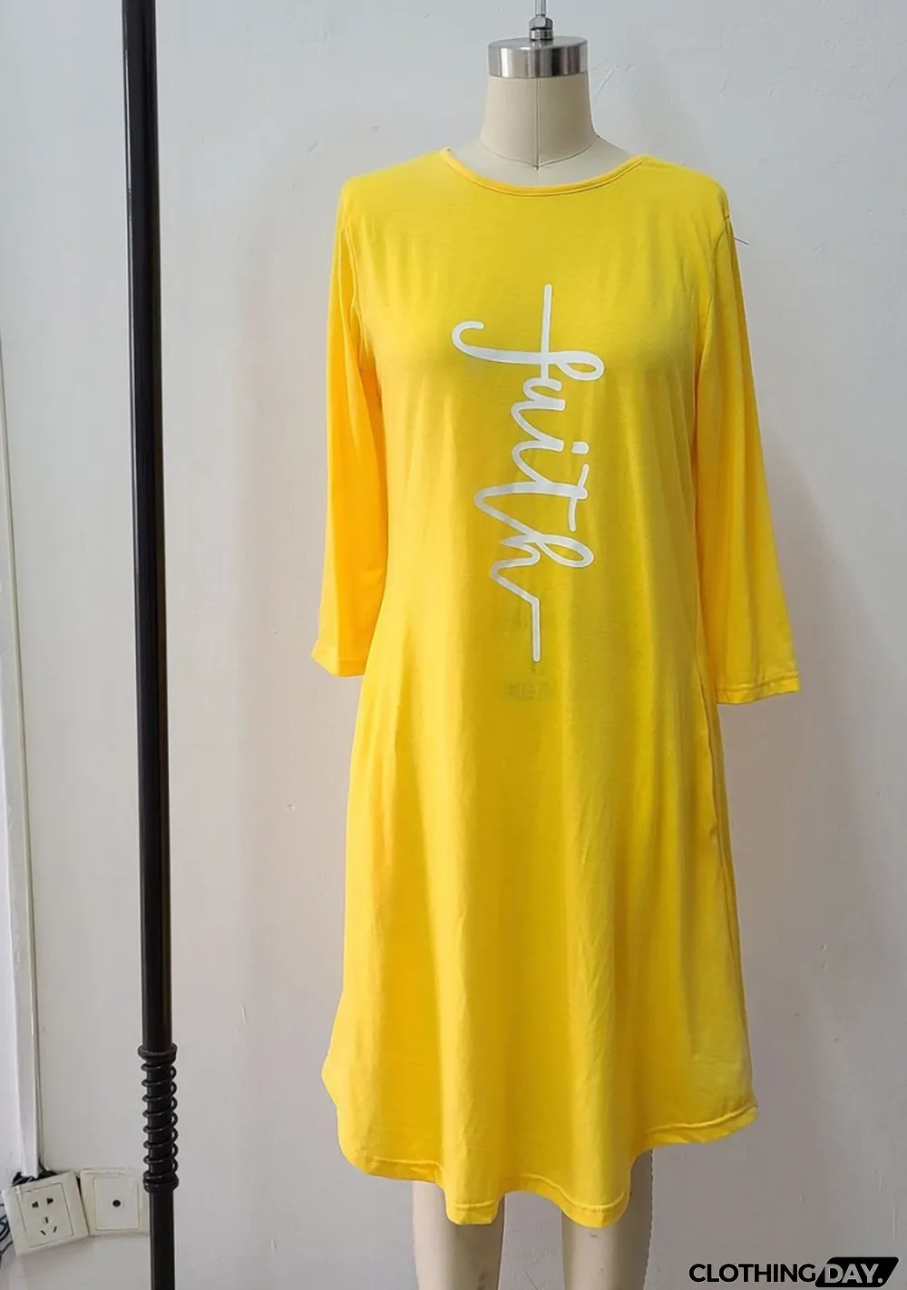 Autumn Casual Print Yellow O-Neck Pocket Shirt Dress