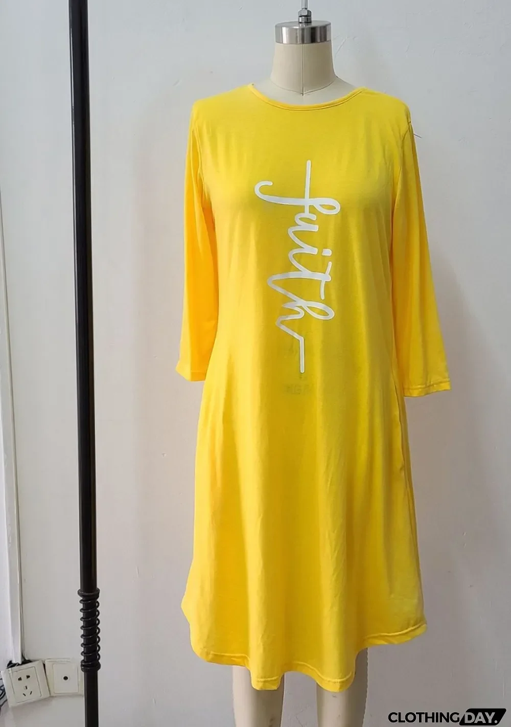 Autumn Casual Print Yellow O-Neck Pocket Shirt Dress