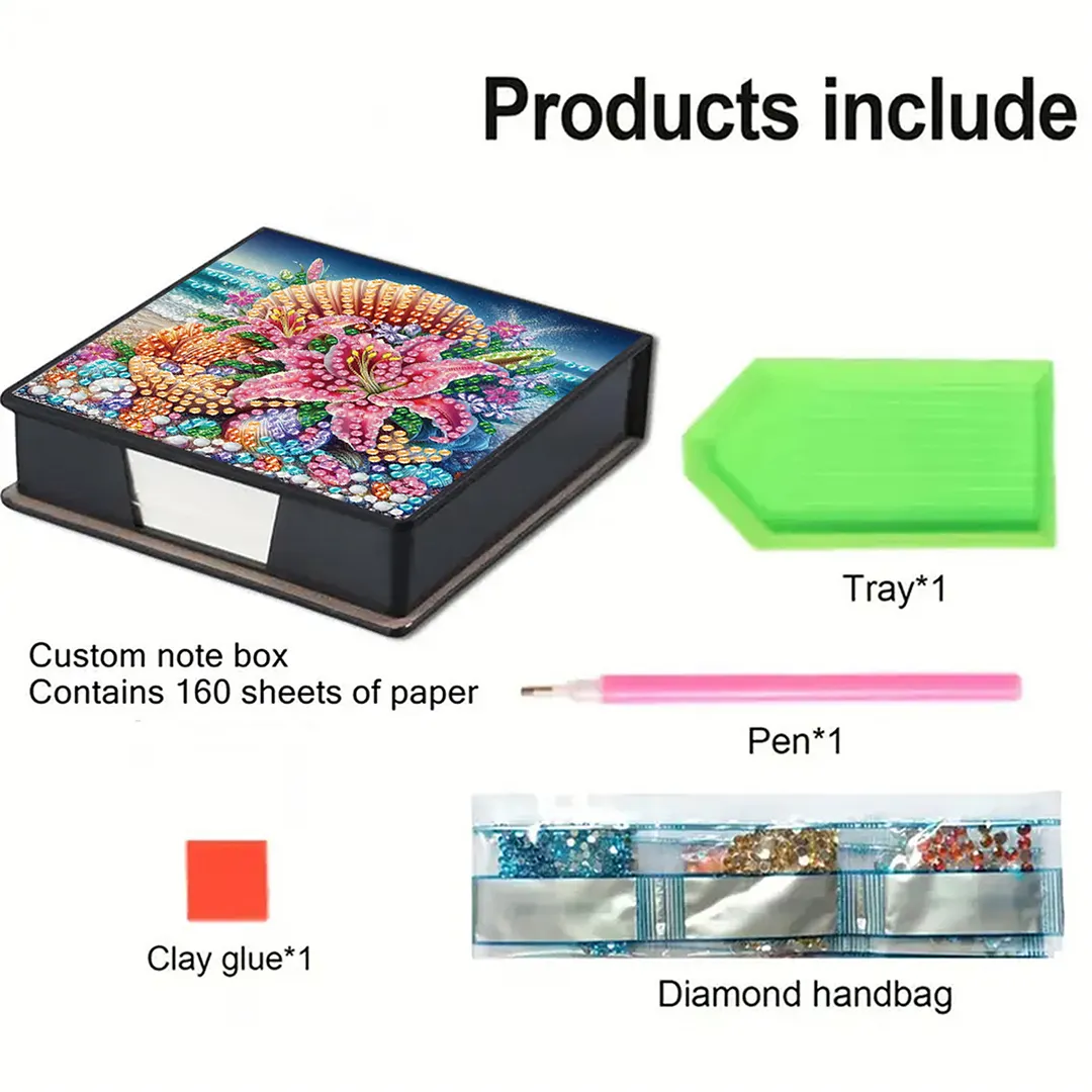 5D Flower DIY PU Diamond Painting Notecard Box with 160 Sheets Paper Note Holder
