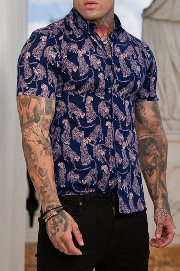 Tiboyz Slim Fit Cheetah Print Short Sleeve Shirt
