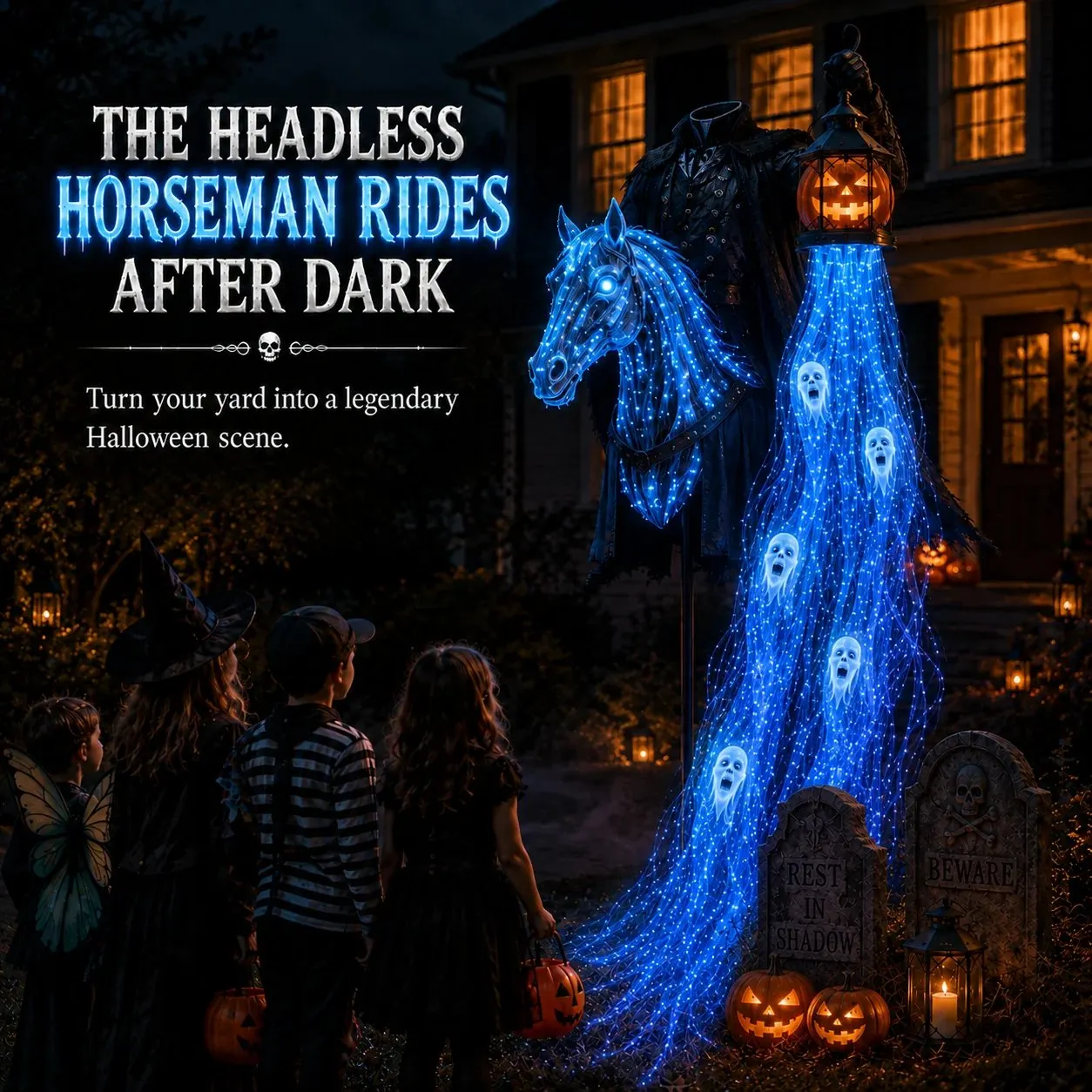 Halloweenské venkovní zahradní dekorace s osvětleným bezhlavým jezdcem