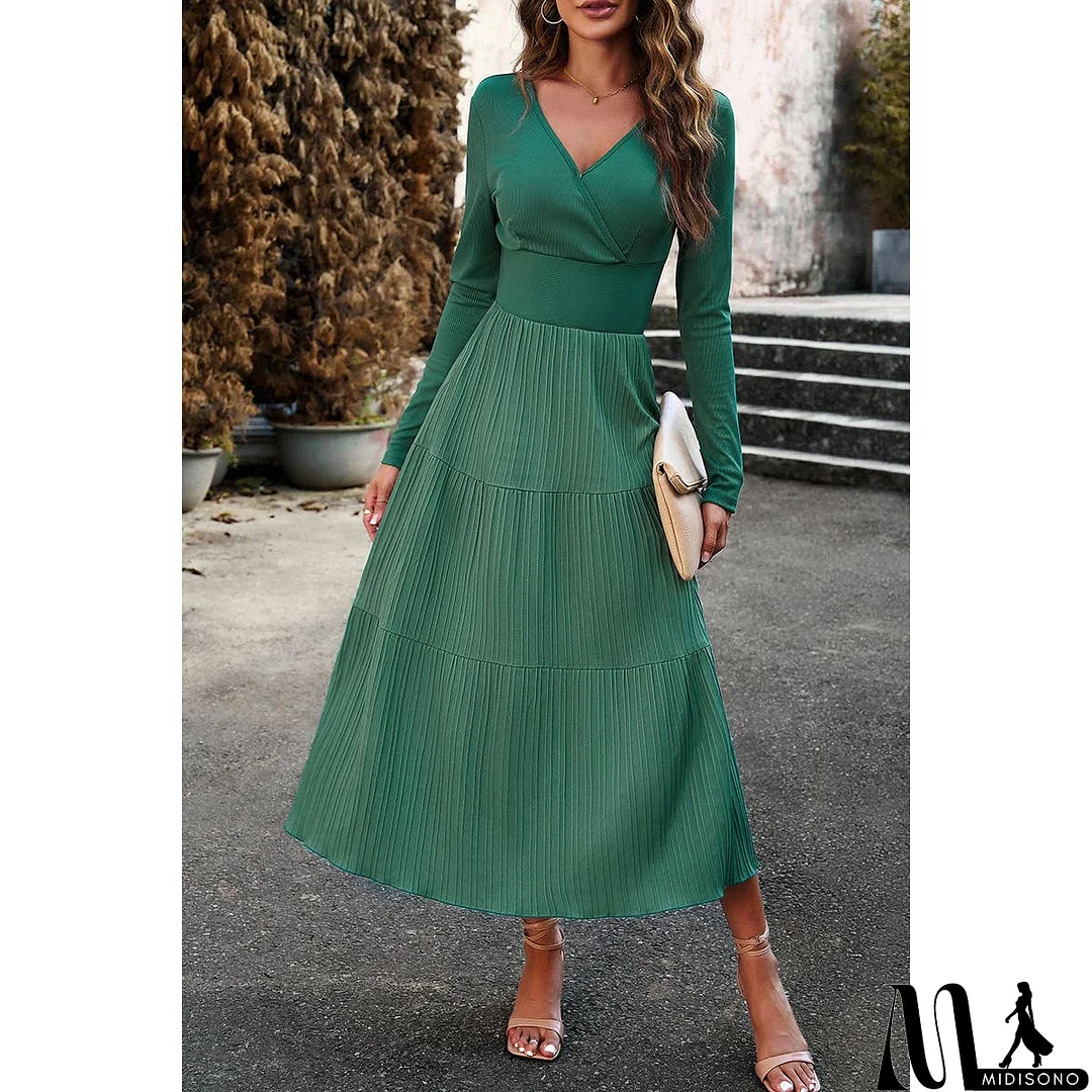 MidiSono - Elastic Waist Fit A Line Color Block Ruffle Dress