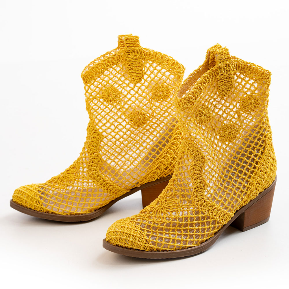 Pointed Toe Mid Heel Floral Fishnet Yellow Cowboy Boots for Women Nicepairs