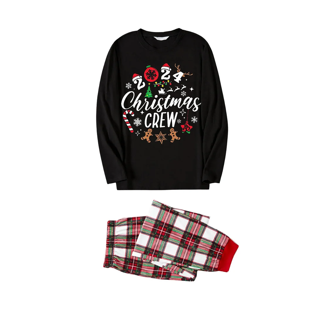 "Christmas Crew 2024" Cute Pattern Printed Red & White & Green Plaid Family Matching Pajamas
