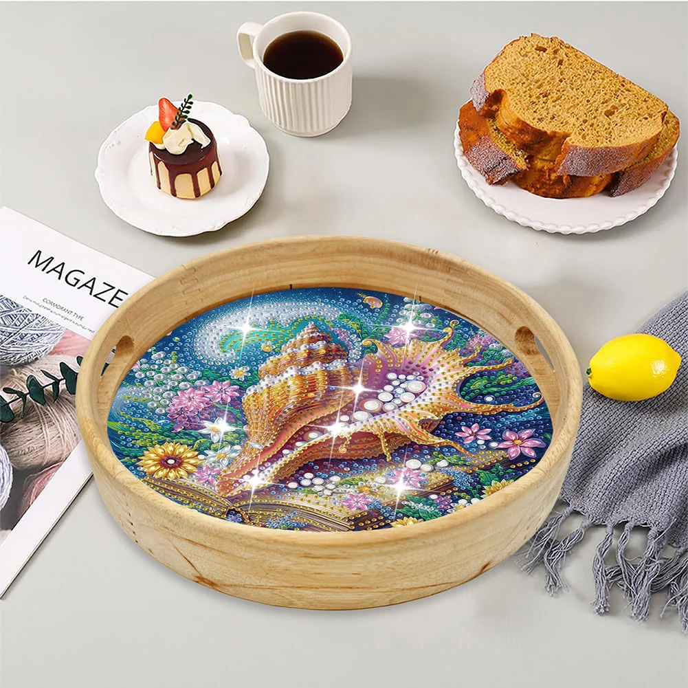 DIY Conch Shells Wooden Diamond Food Dinner Plate with Handle for Coffee Table
