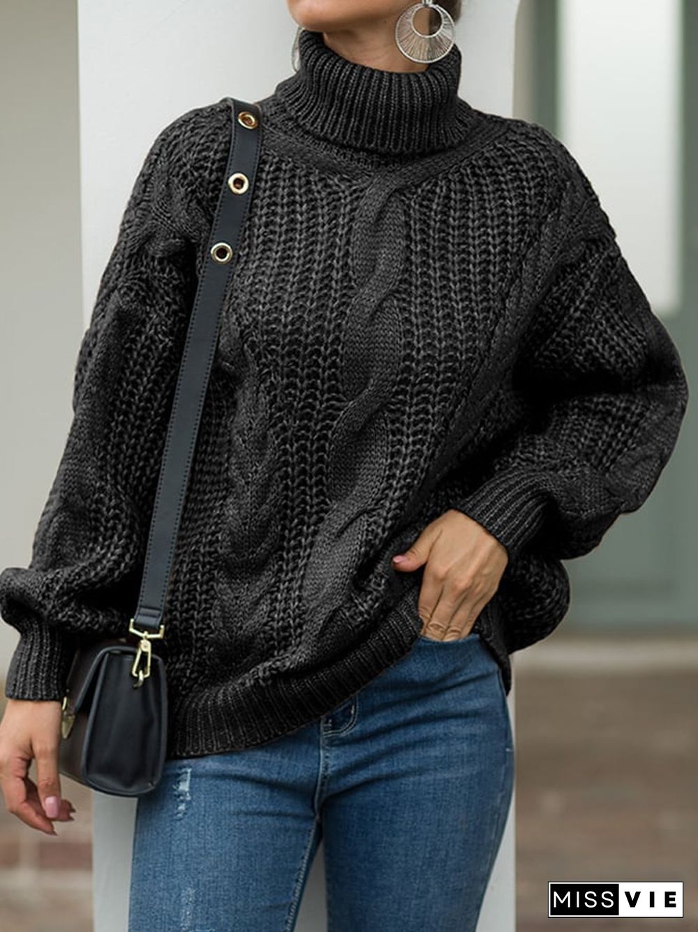 Women's Fashion Slouchy Cable Knit High Neck Pullover Sweater