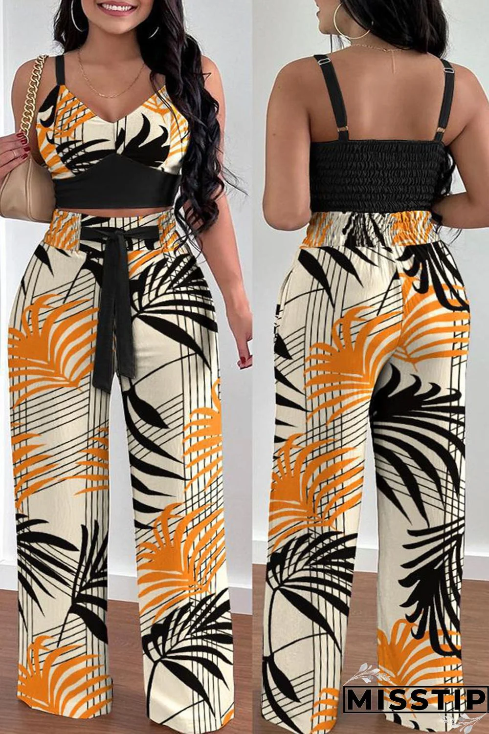 Orange Black Elegant Print Solid Patchwork Pocket Frenulum Fold Spaghetti Strap Sleeveless Two Pieces