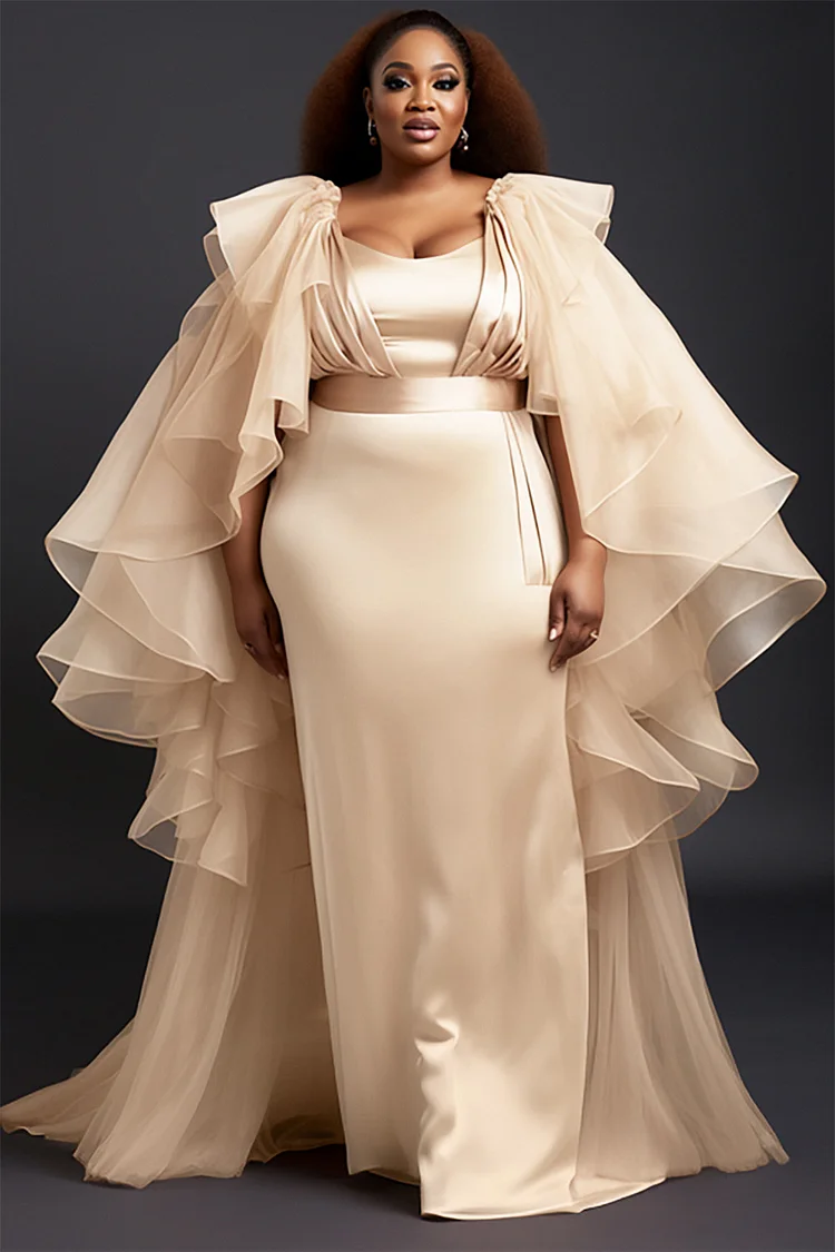 Xpluswear Design Plus Size Mother Of The Bride Champagne Square Neck Cape Sleeve Ruffle Satin Maxi Dresses [Pre-Order]