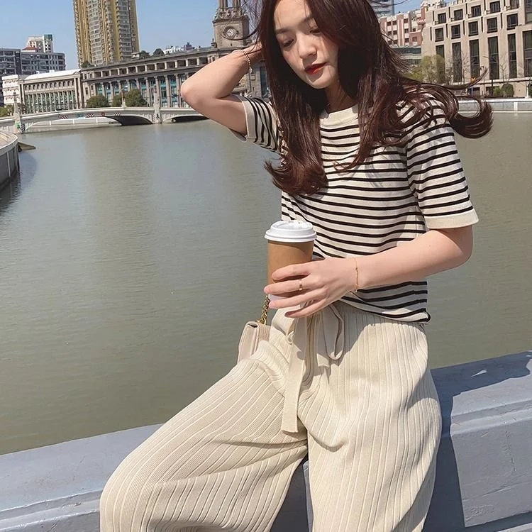 Short-sleeved Striped Round Neck Knitted Top Women High Waist Lace-up Solid Color Wide-leg Pants Sweater Set Female Spring 2021