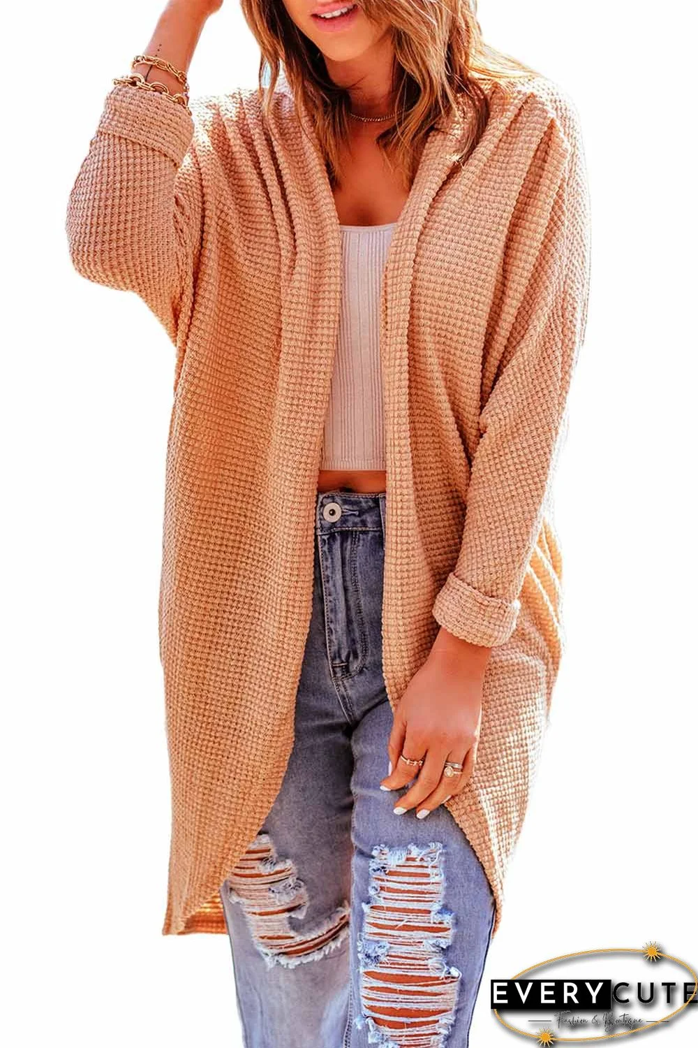 Apricot Waffle Knit Open Front Rounded Hem Cardigan