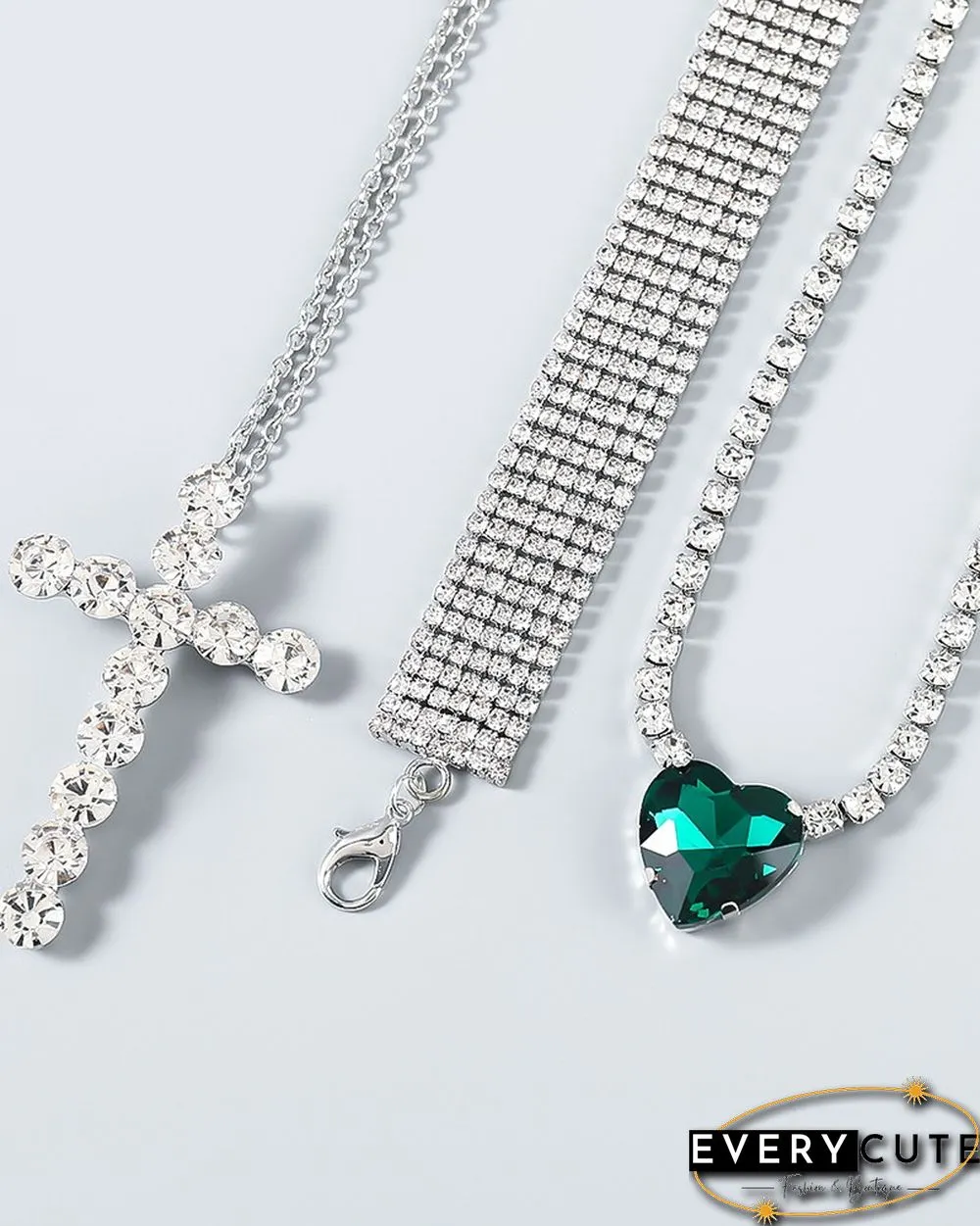 3PCS Heart Shaped Rhinestone & Cross Pattern Studded Layered Necklace