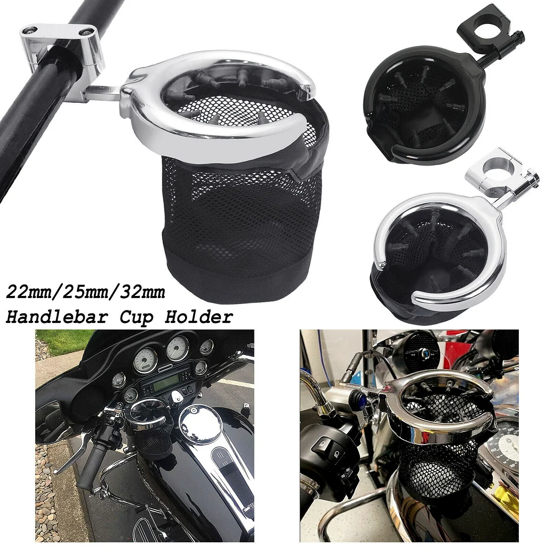 Motorcycle Cup Holder Handlebar Drink Bottle Basket Mount For 7/8"(22mm), 1"(25mm) and 1-1/4"(32mm)