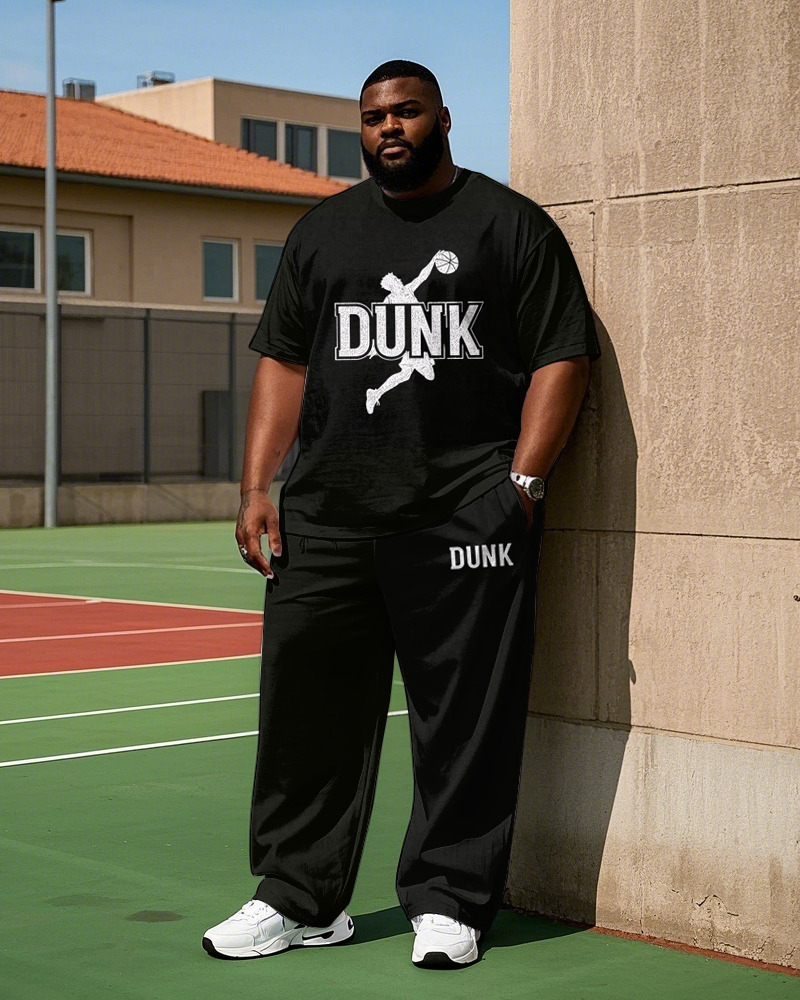 Big Men's Simple Basketball Athletic Silhouette DUNK Letter Printed Short Sleeve T-shirt Pants Set
