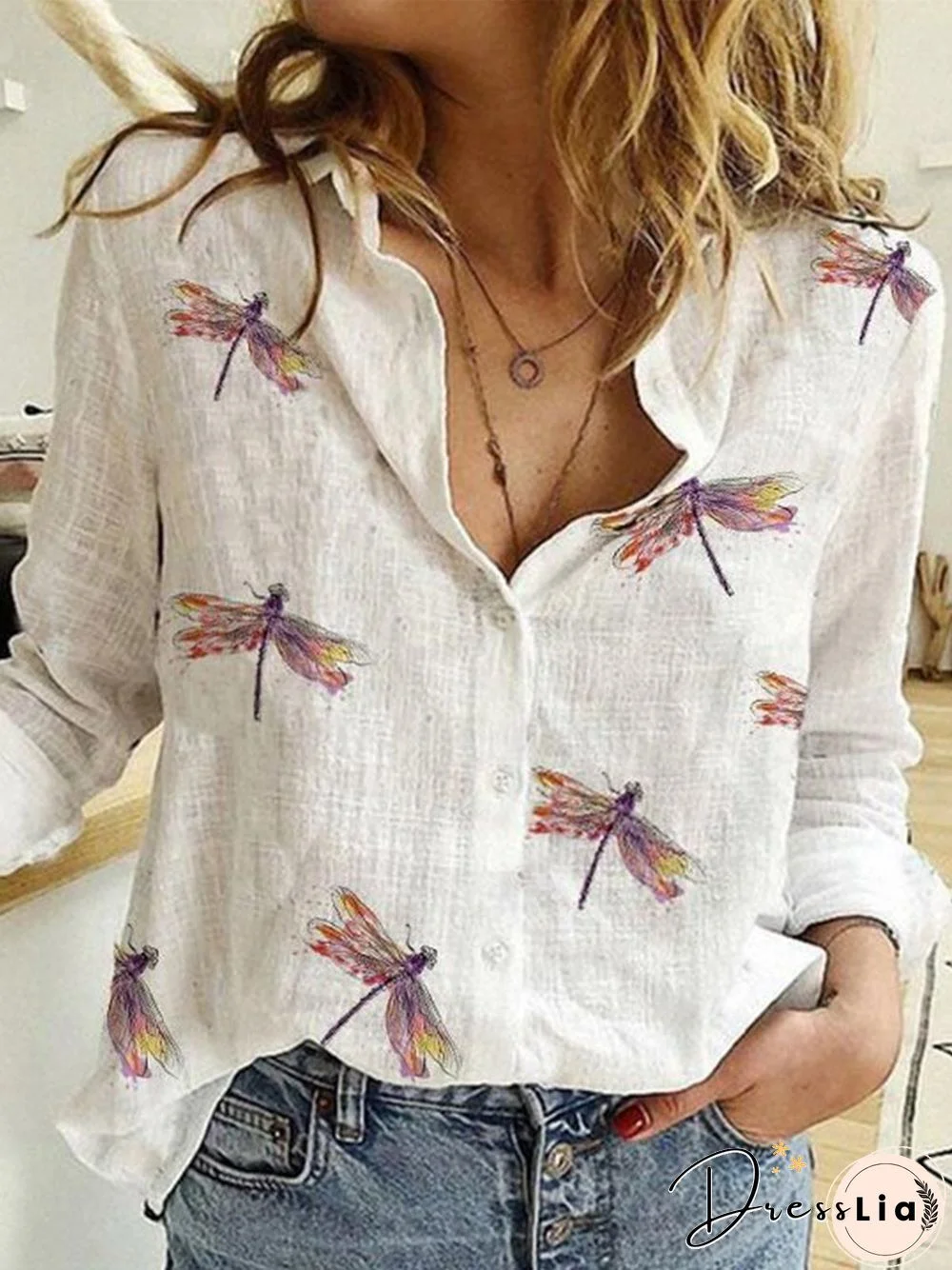 Shawl Collar Shift Cotton Long Sleeve Blouse