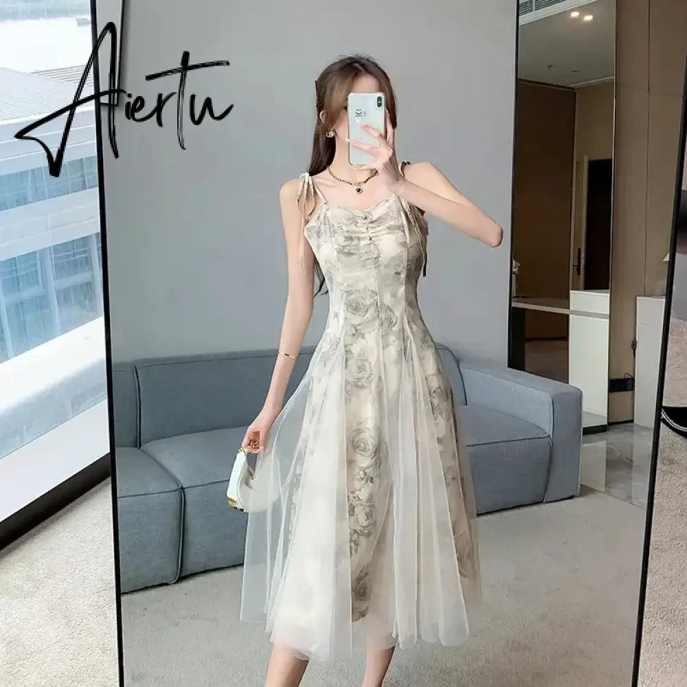 Aiertu NEW Women Gothic Ruffle autumn Sleeveless Midi Dress Mesh Party Dress Female Solid prom Dress vestidos para Aiertu