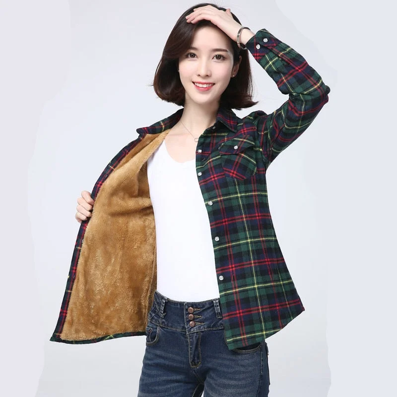 NEW 20 Colors Winter Women Thick Fleece Plaid Warm Shirts Casual Plus Velvet Blouse Office Lady Female Long Sleeve Tops T8N301F