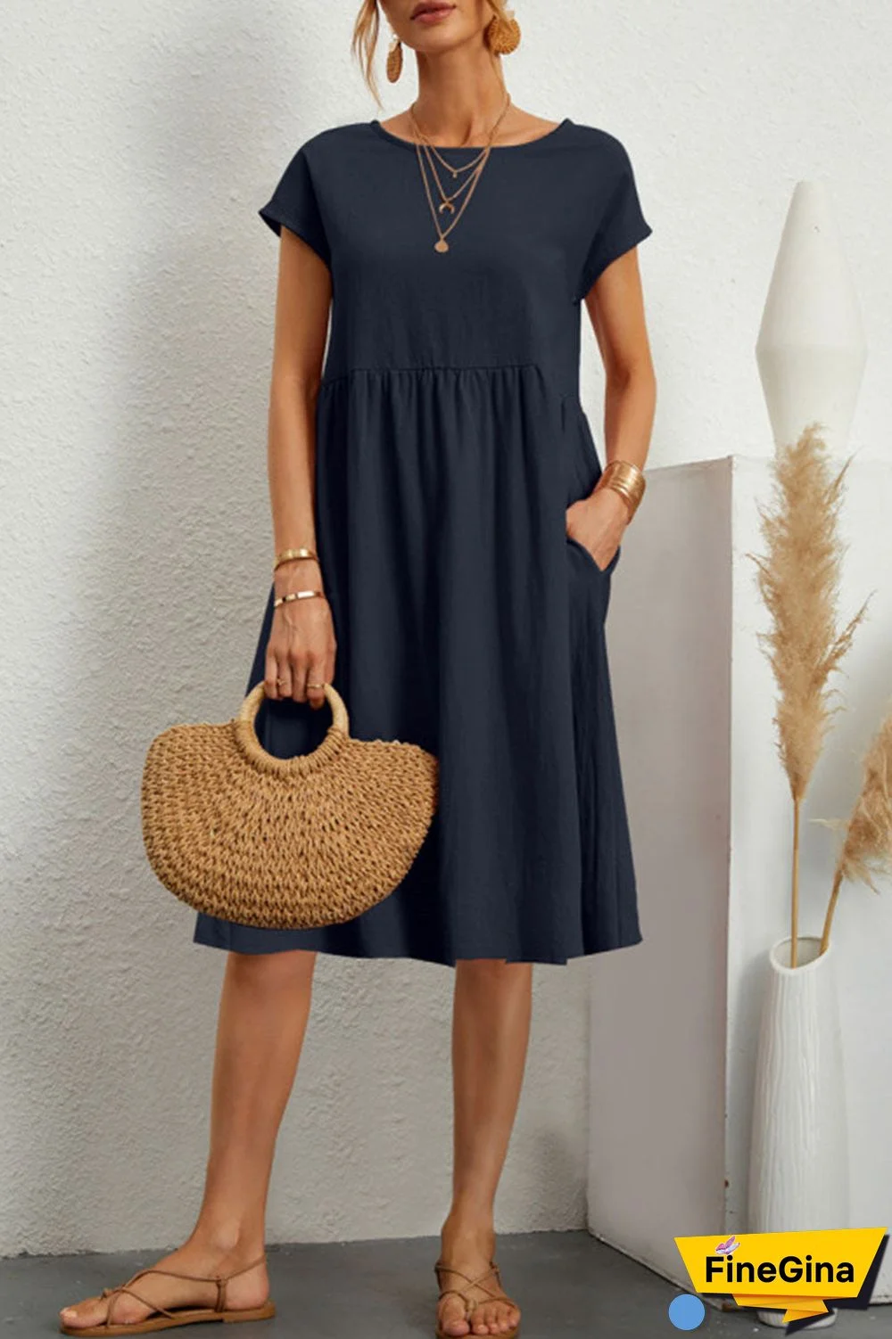 Casual Solid Patchwork O Neck A Line Short Sleeve Dress(11 Colors)