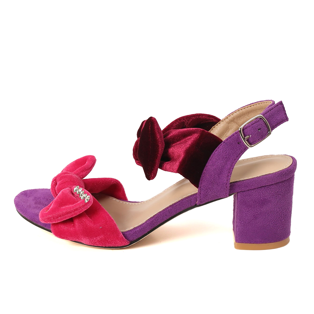 Purple Vegan Suede Open-Toe Velvet Bow Strap Block Heel Sandals Nicepairs
