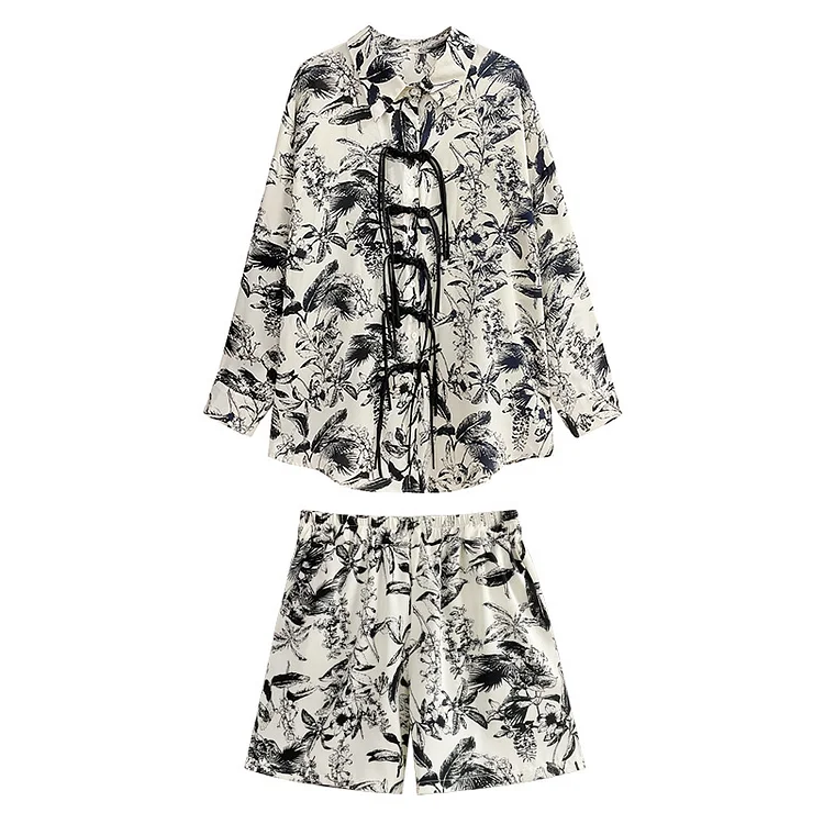 Vintage Printed Buttons Shirt And Wide Leg Shorts Suits