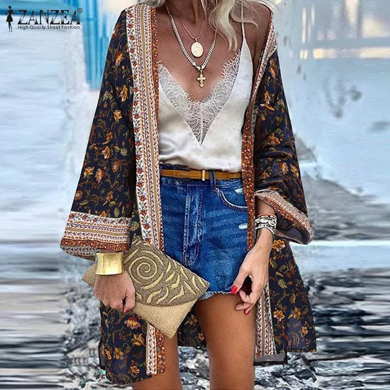 ZANZEA Women Bohemian Summer Long Sleeve Open Front Blouse Fashion Beach Cover Ups Kimono Tops Floral Printed Long Cardigan